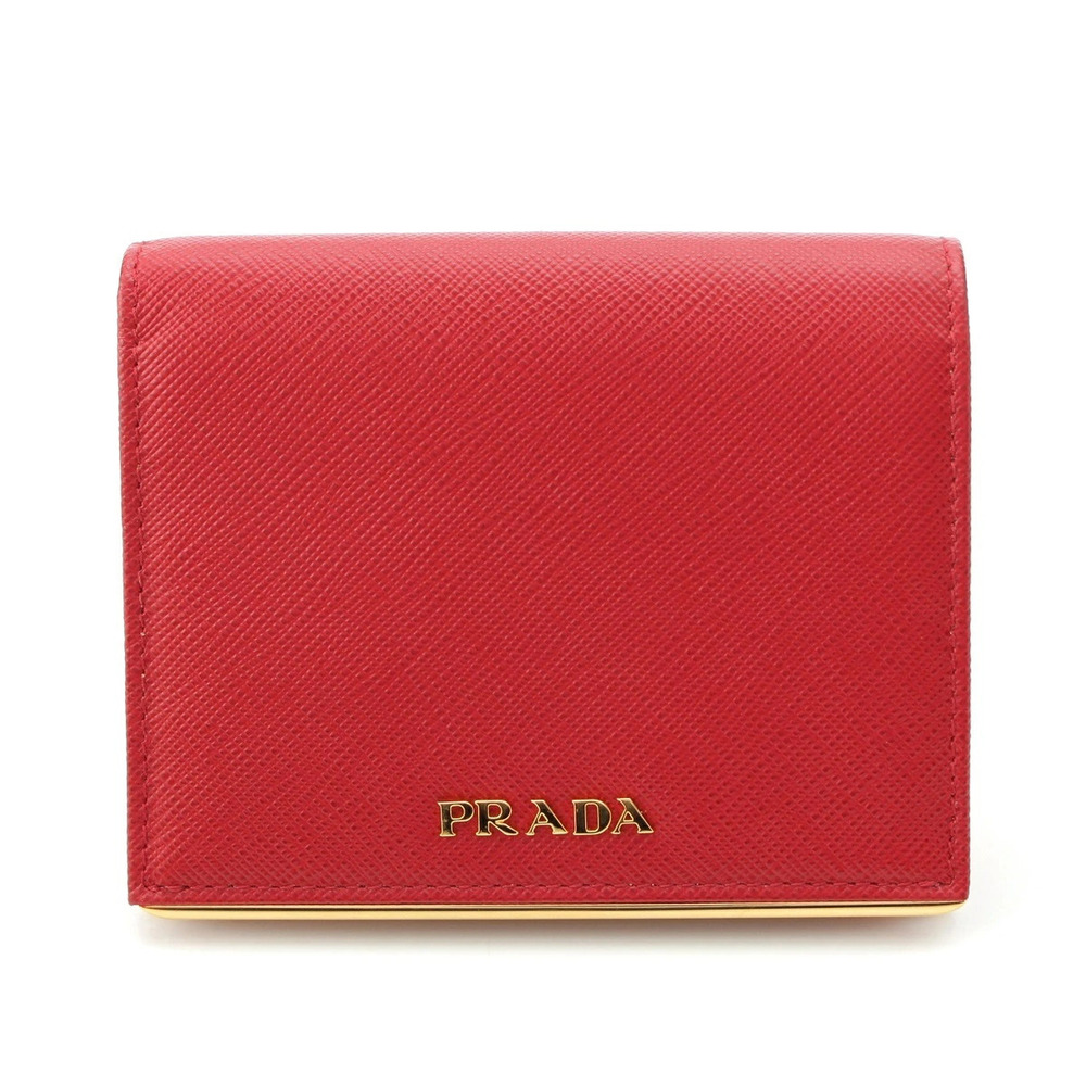 Prada Leather Bi fold Wallet Compact Red